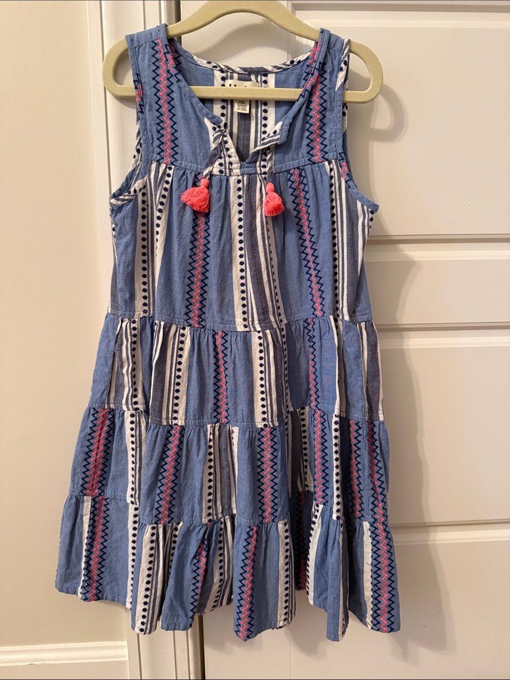 Hatley Blue Striped Tiered Dress with Pink Tassels